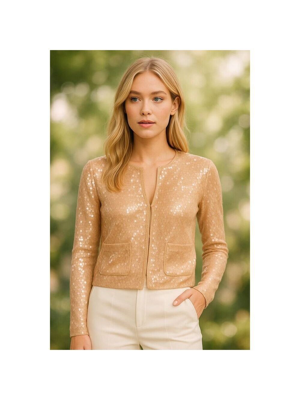 L’Agence Sequin Mesh Cardigan Jacket Champagne Nude Small NWT